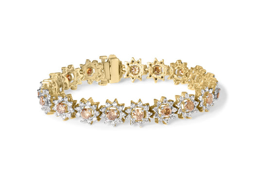 14K Yellow Gold 8.00 Cttw Champagne Diamond Floral Cluster Halo Link Bracelet