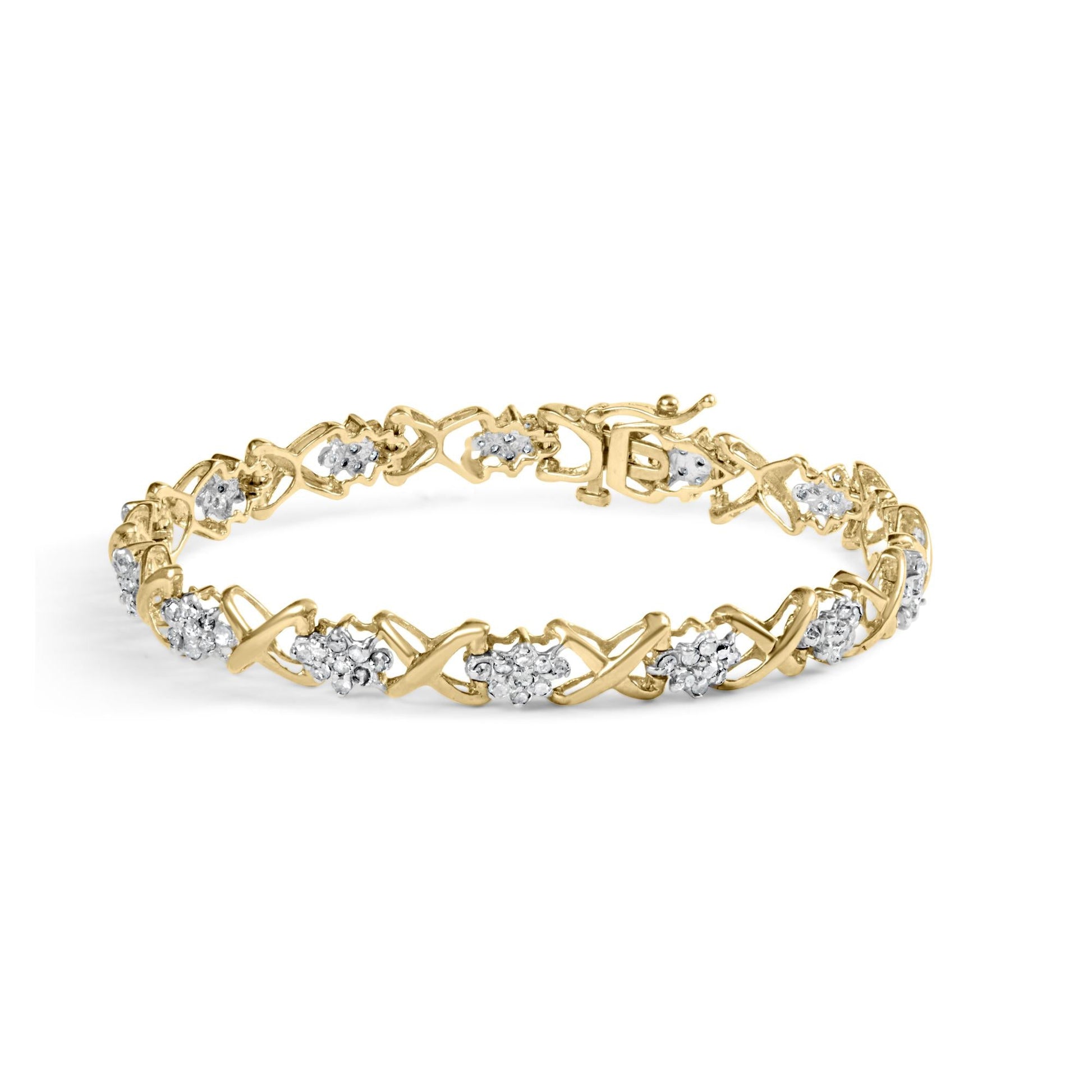 10k Yellow Gold 2.00 Cttw Diamond Cluster and Alternating ’X’ Link Bracelet