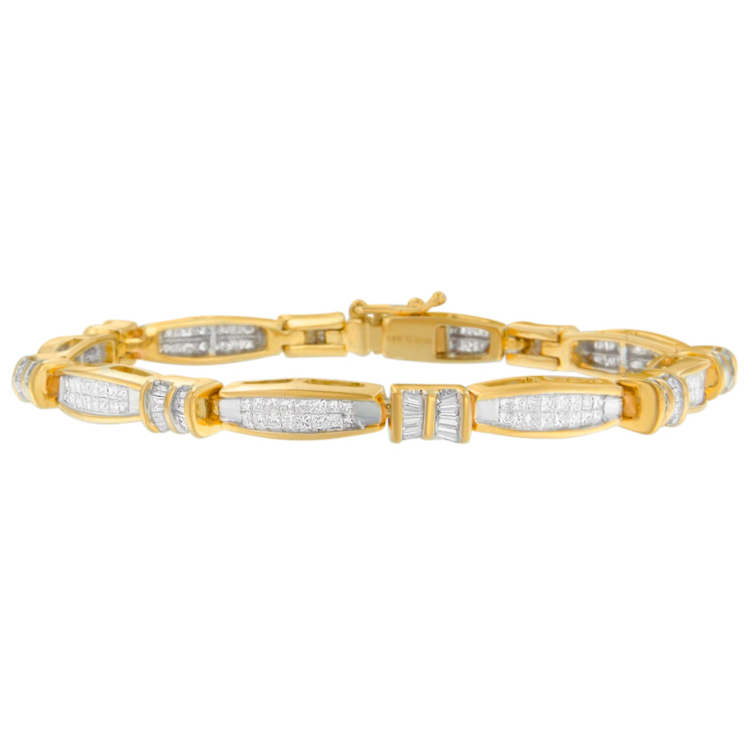 14K Yellow Gold Princess and Baguette Cut Diamond Beaded Bracelet (3.00 cttw