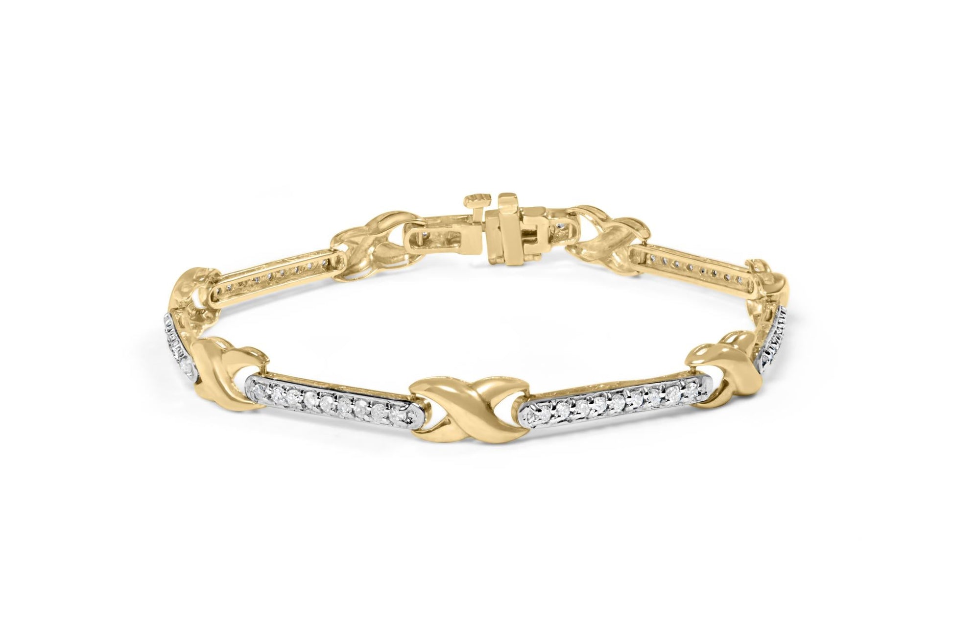 10K Yellow Gold 1.00 Cttw Pave Set Diamond Bar and X-Link 7’’ Bracelet (I-J