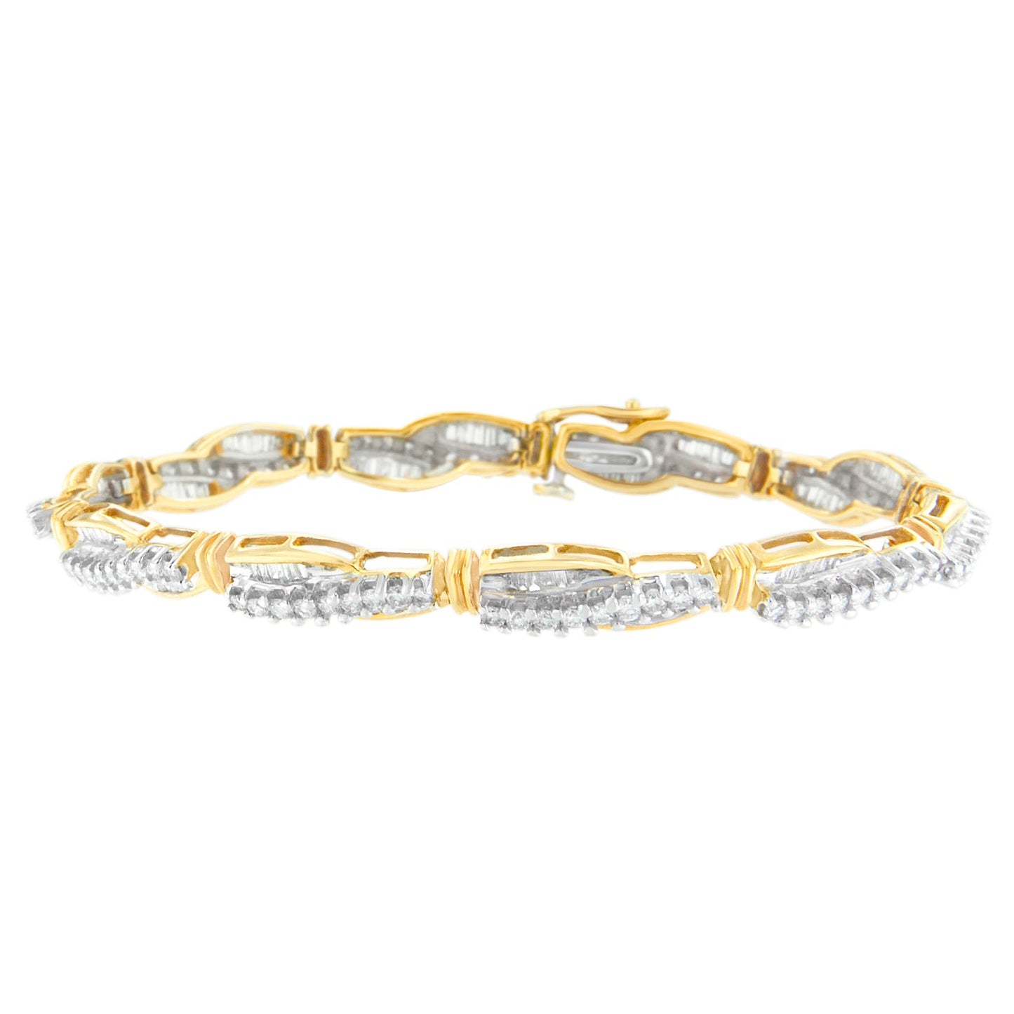 14K Yellow Gold Round and Baguette Cut Winding Love Diamond Bracelet (3.00 cttw