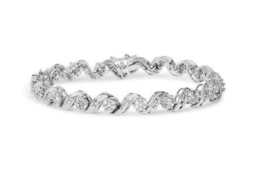 14K White Gold 2.00 Cttw Diamond Cluster and Spiral Link Bracelet (I-J Color