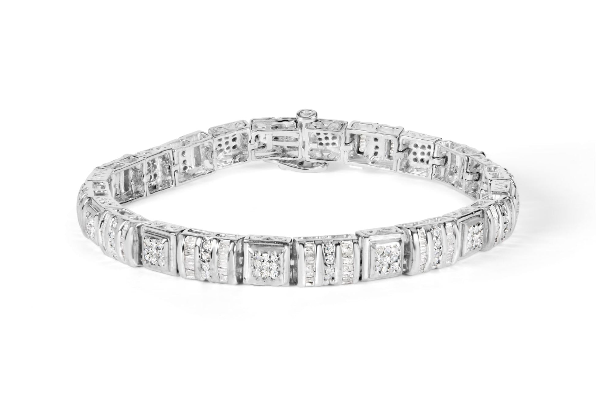 10K White Gold Round and Baguette Cut Diamond Bracelet (2.00 cttw H-I Color