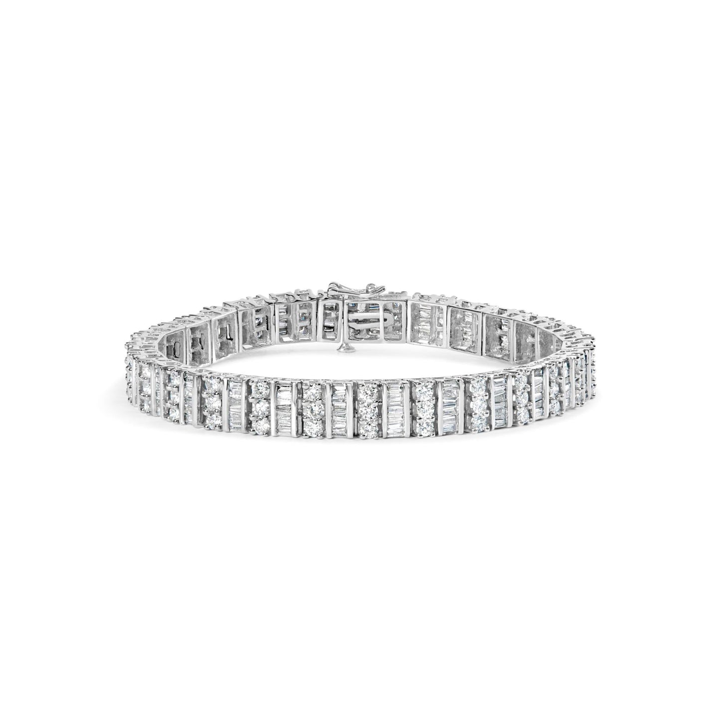 14K White Gold 6.00 Cttw Alternating Round and Baguette Diamond Tennis Bracelet