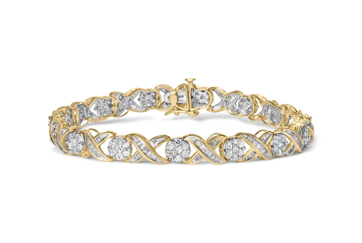 10K Yellow Gold 3.00 Cttw Round-Cut and Baguette-Cut Diamond ’XOXO’ Floral