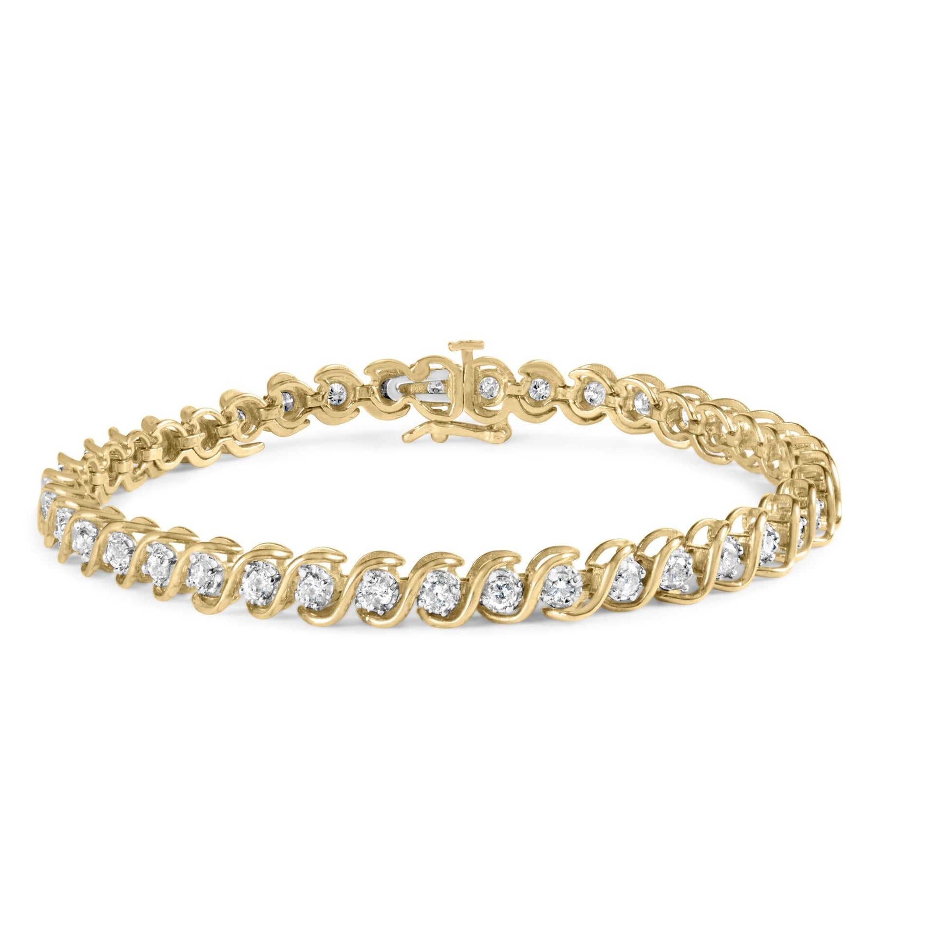 10K Yellow Gold 3 cttw Round-Cut Diamond Spiral Link 7.50’’ Bracelet (I-J