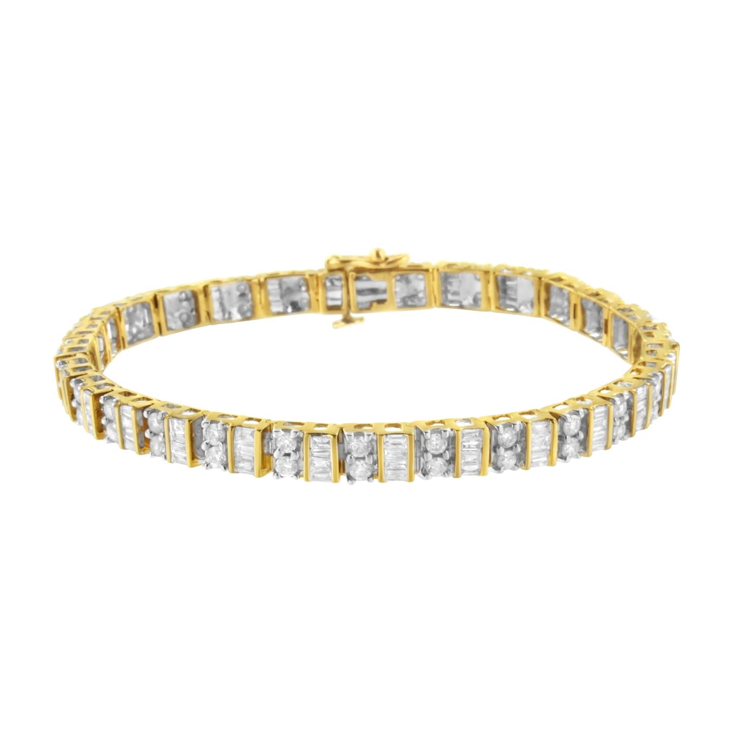 14K Yellow Gold 4.0 Cttw Alternating Baguette & Round Cut Diamond Bezel- &