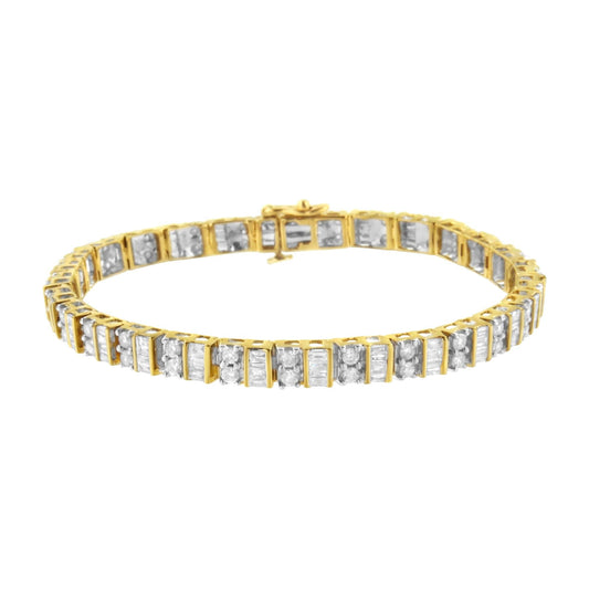 14K Yellow Gold 4.0 Cttw Alternating Baguette & Round Cut Diamond Bezel- &