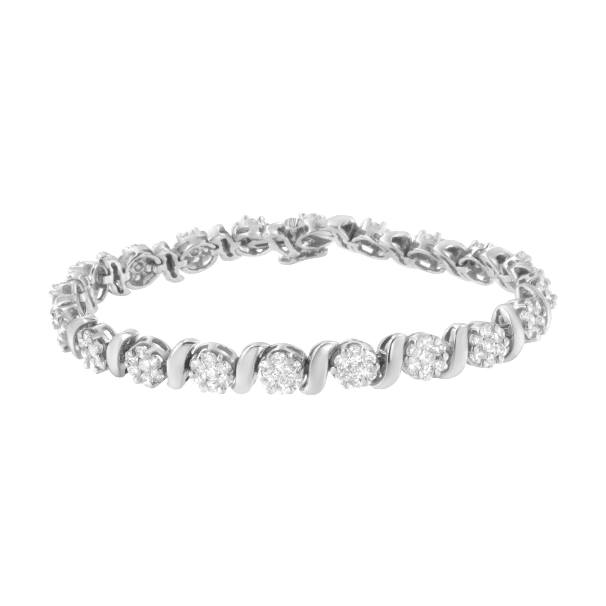 14K White Gold 5 1/4 cttw Diamond S-Link Floral Cluster Tennis Bracelet (I-J