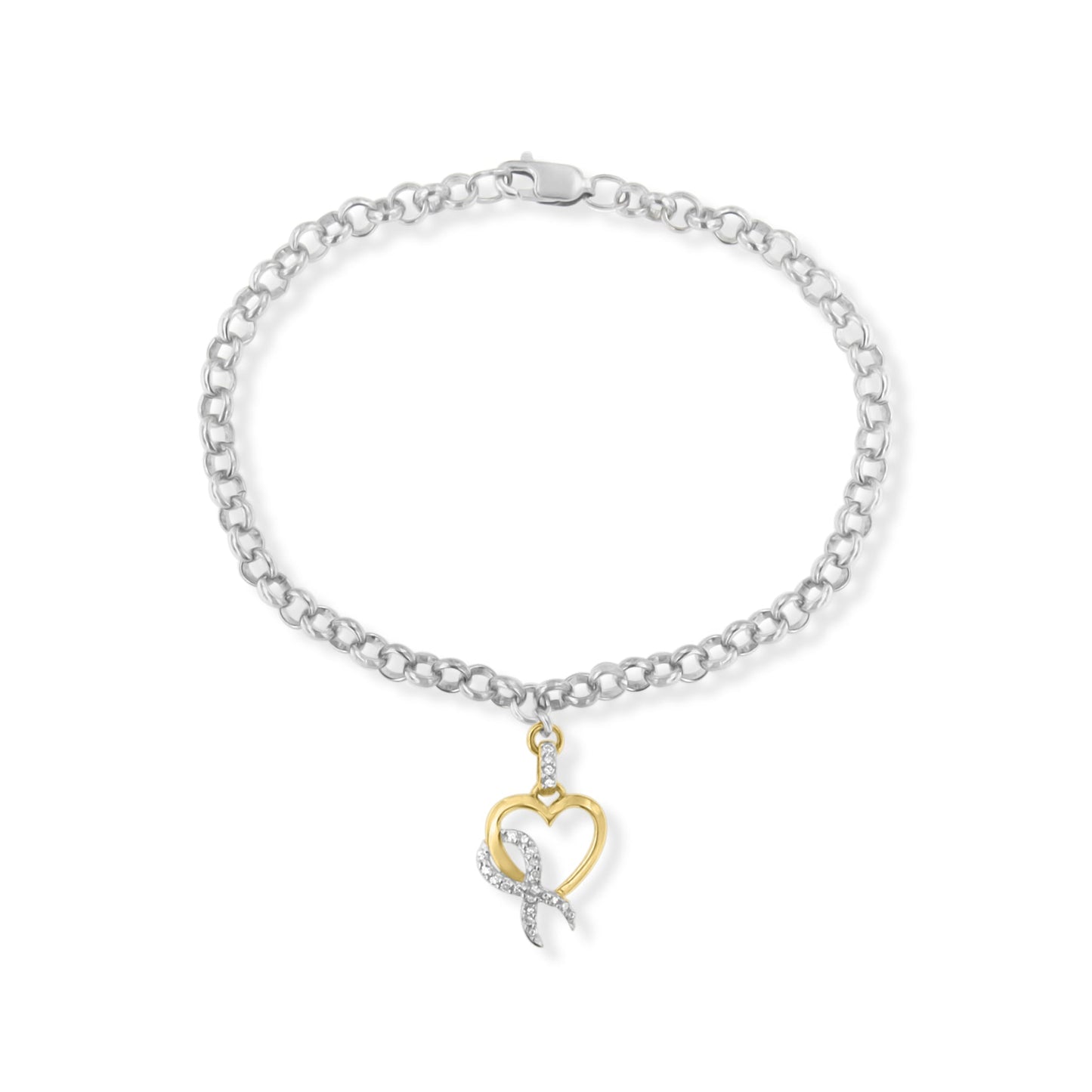 10K Yellow Gold 1/10 Cttw Diamond Awareness Ribbon & Heart Charm on 7’’.925