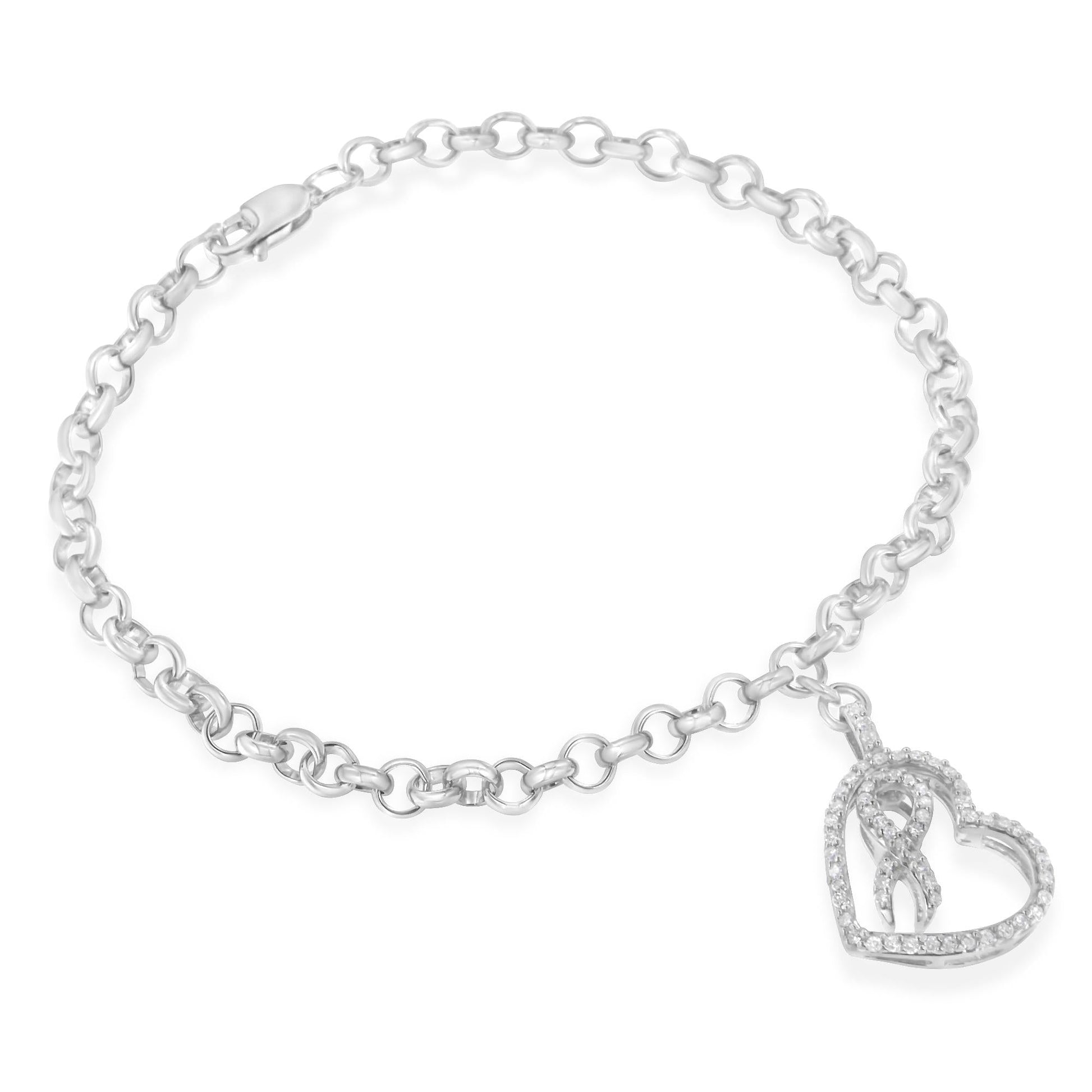 .925 Sterling Silver 1/4 Cttw Diamond-Accented Heart and Ribbon Charm 7’’