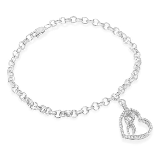 .925 Sterling Silver 1/4 Cttw Diamond-Accented Heart and Ribbon Charm 7’’