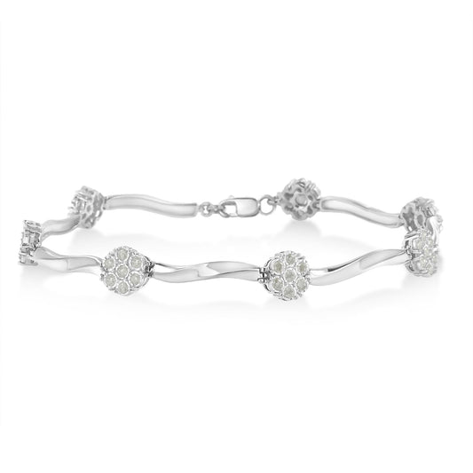 .925 Sterling Silver 1.0 cttw Miracle-Set Diamond 7 Stone Floral Cluster Link Bracelet (I-J Color, I3 Clarity) -7"