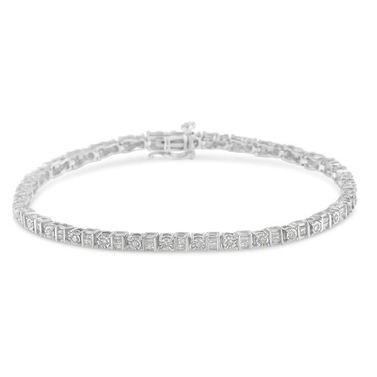 .925 Sterling Silver 1.0 Cttw Round & Baguette Cut Diamond 7’’ Alternating