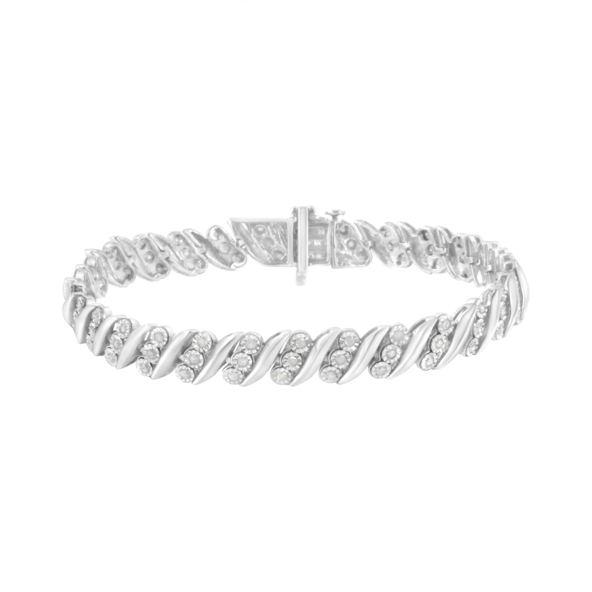 .925 Sterling Silver 3-Stone Row Diamond ’S’ Link Bracelet (1 cttw I-J