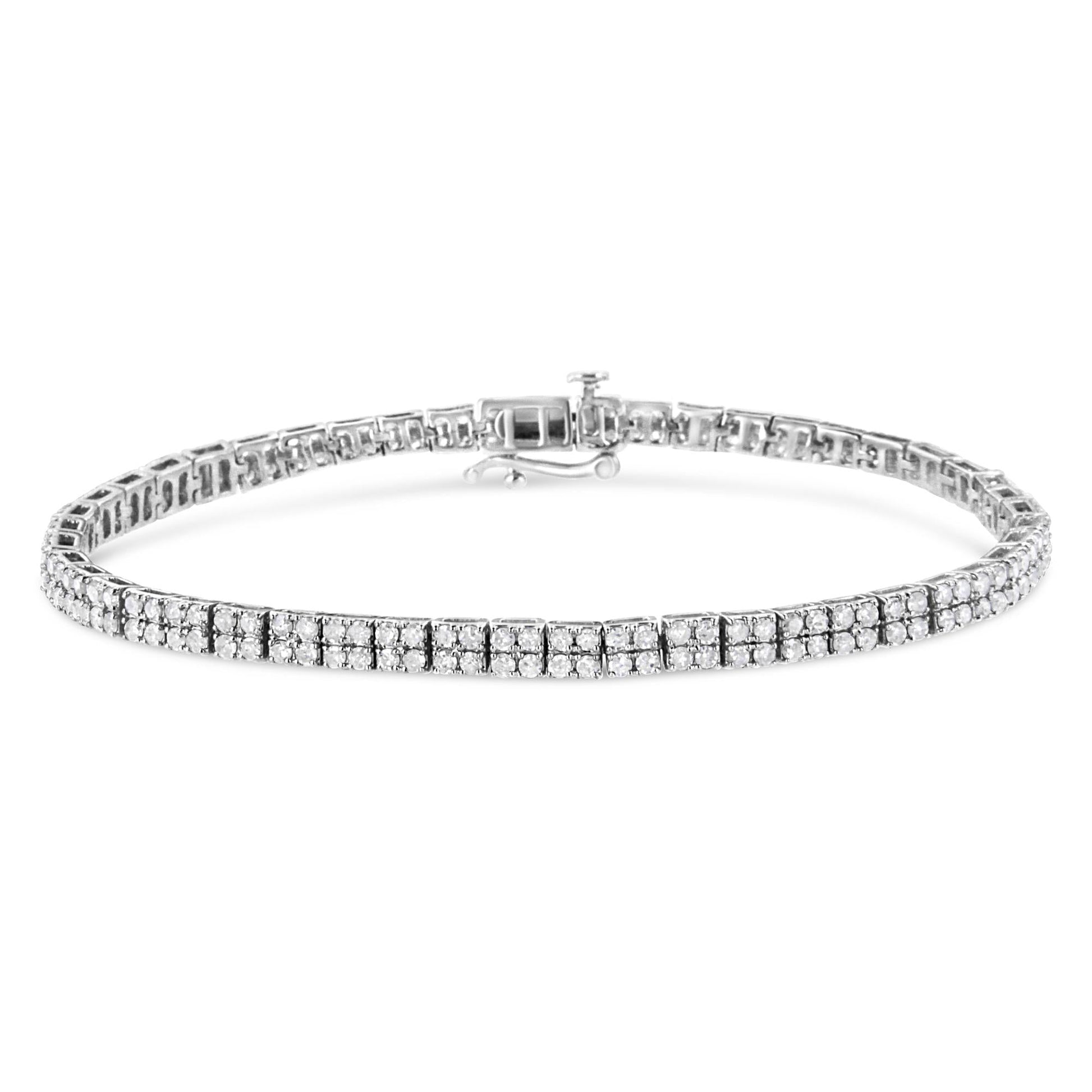 .925 Sterling Silver 3.0 Cttw Prong-Set Round Diamond 2 Row Link Tennis