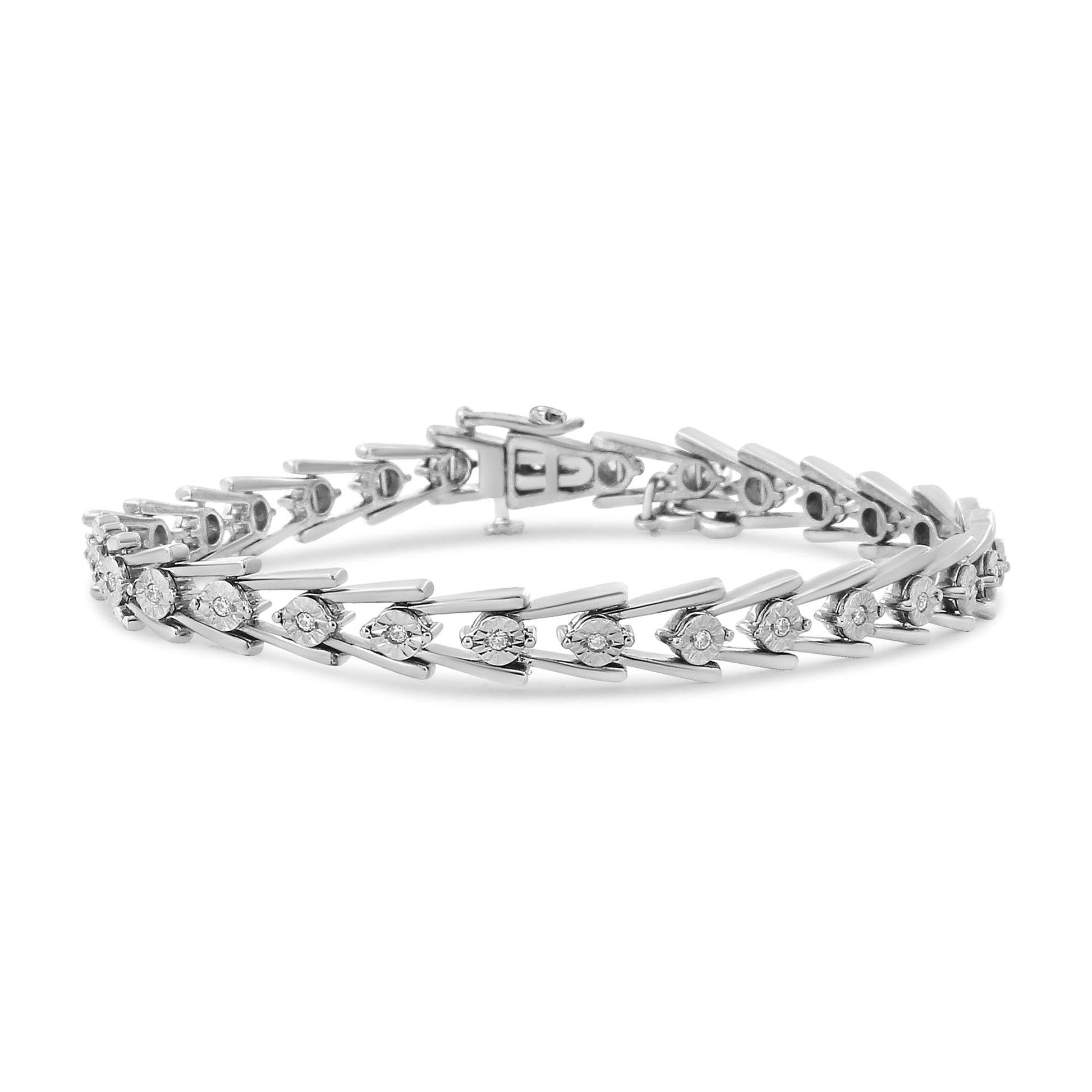 .925 Sterling Silver Diamond Miracle-Set Double Swoosh Milgrain Style Tennis