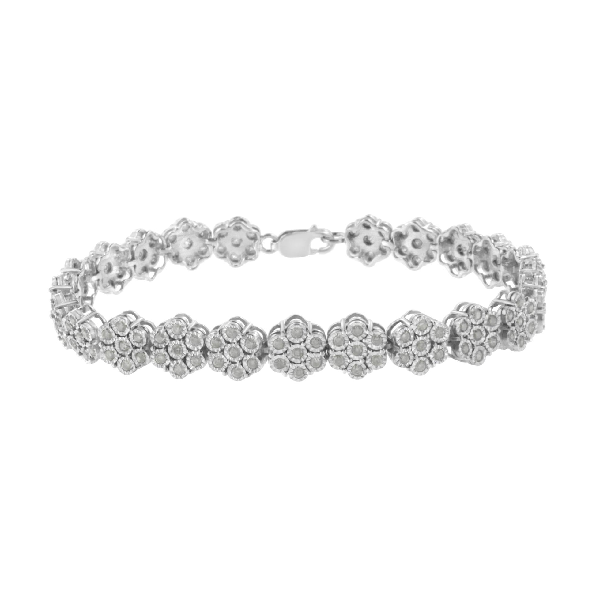 .925 Sterling Silver 2.0 cttw Diamond 7 Stone Floral Cluster Link Bracelet (I-J