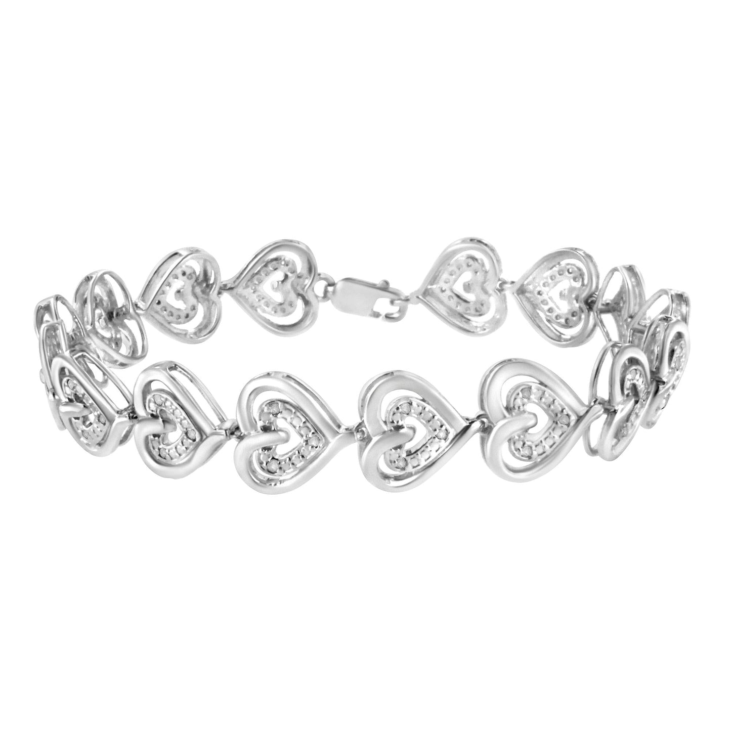 .925 Sterling Silver 1/4 Cttw Round-Cut Diamond Double Heart Link Bracelet (I-J