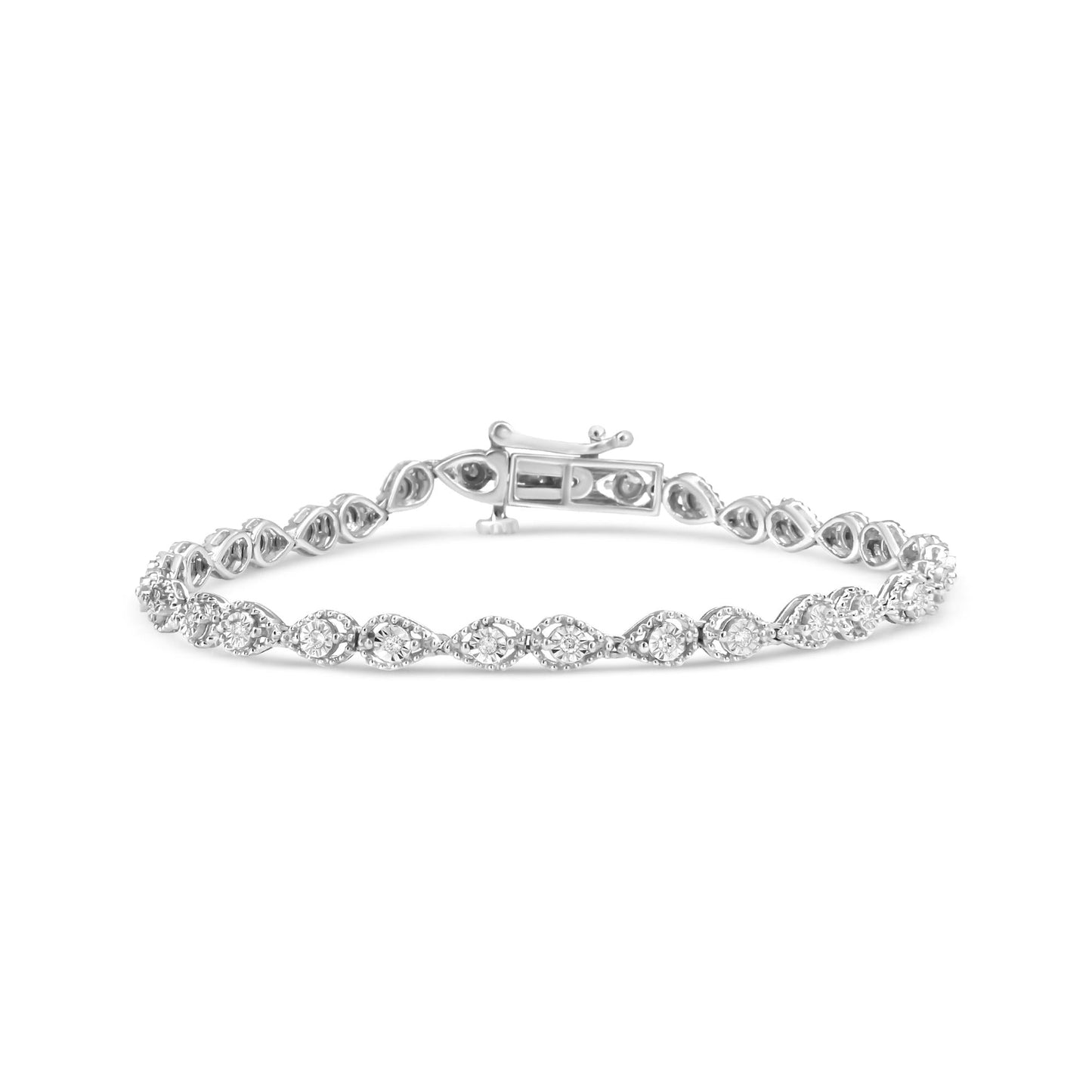 .925 Sterling Silver 1/4 Cttw Diamond Beaded Marquise Shape Link Bracelet (I-J