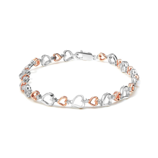 14K Rose Gold Plated.925 Sterling Silver 1/4 Cttw Diamond Heart Link Bracelet