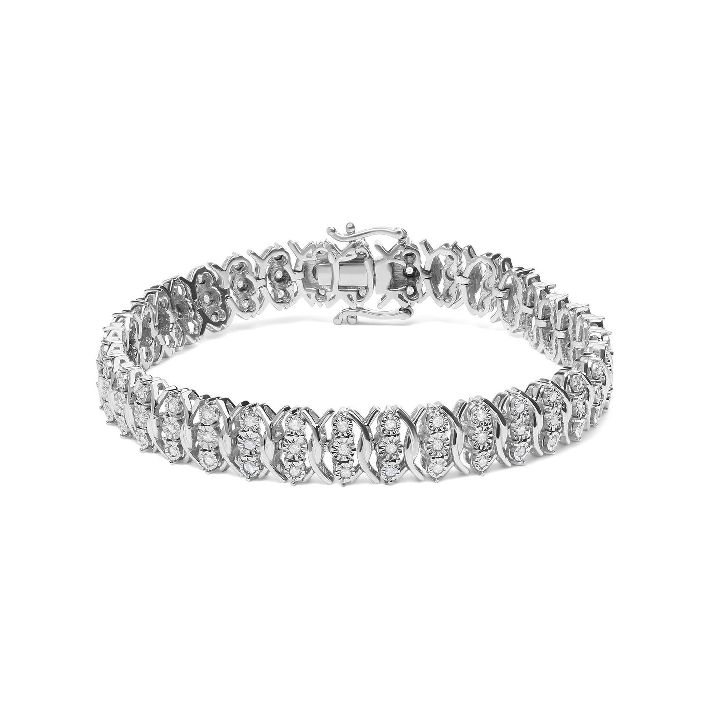 .925 Sterling Silver 1.0 Cttw Miracle Set Diamond 3 Row Wave Link Bracelet (I-J