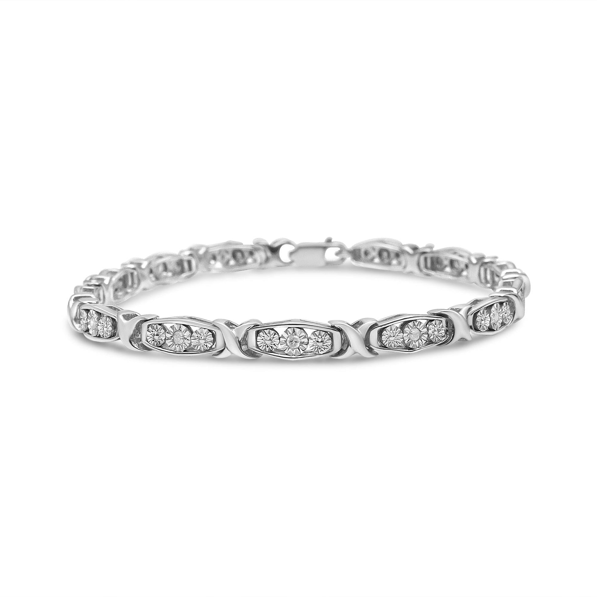 .925 Sterling Silver 1/10 Cttw Diamond Miracle Set 3 Stone Link Bracelet (I-J