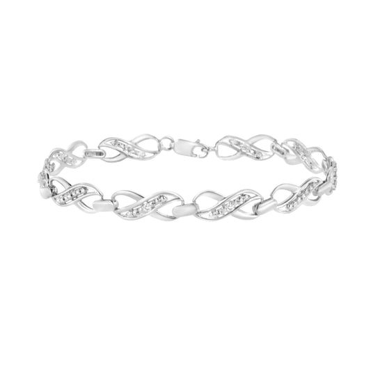 .925 Sterling Silver Prong Set Diamond Accent Ribbon and Infinity Link Bracelet