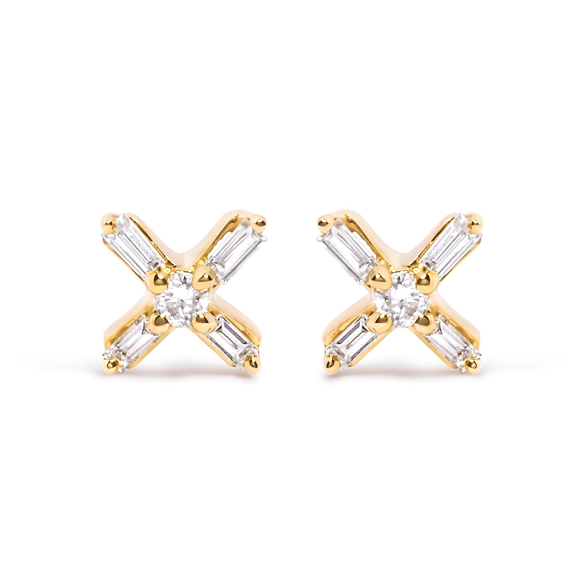 10K Yellow Gold 1/10 Cttw Round and Baguette Diamond Criss Cross X Stud Earring