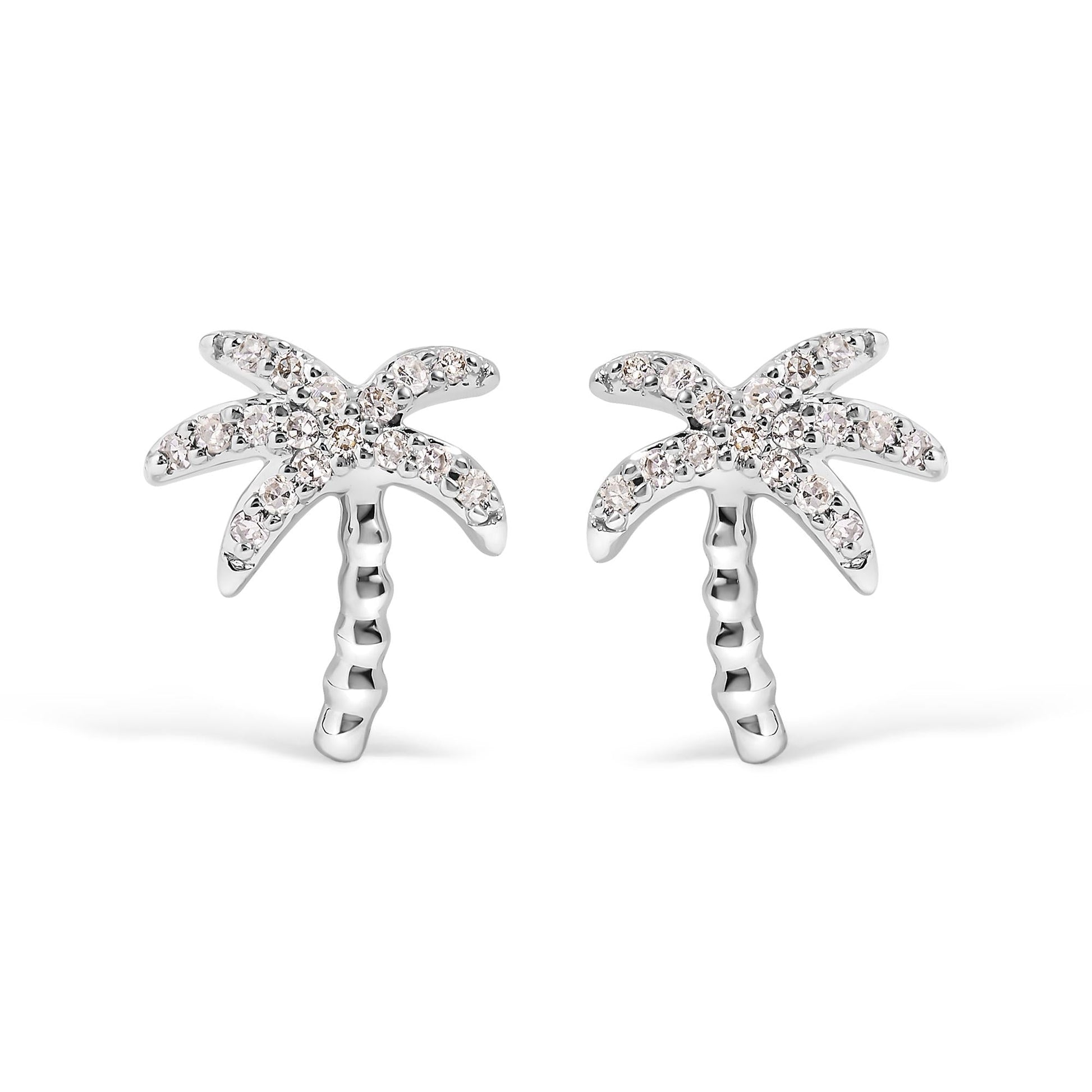 10K White Gold 1/10 Cttw Diamond Encrusted Palm Tree Stud Earrings (H-I Color