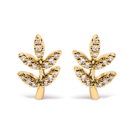 10K Yellow Gold 1/10 Cttw Diamond Accented Leaf and Branch Stud Earrings (H-I