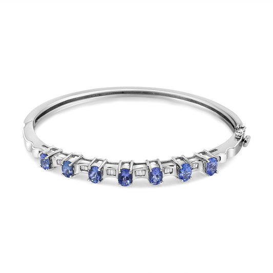 14K White Gold 5 MM Oval Blue Tanzanite and 1/4 Cttw Diamond Bangle (H-I Color