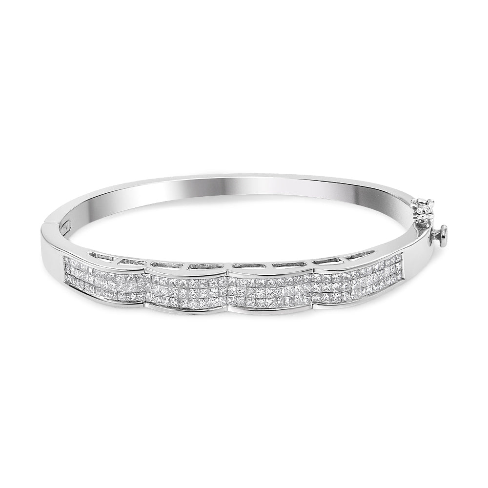 14K White Gold 3 1/3 Cttw Invisible Set Princess-Cut Diamond Wave Bangle