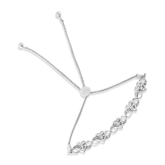 .925 Sterling Silver Miracle Set Diamond Accented Infinity Hearts 6”-9” Adjustable Bolo Bracelet (H-I Color, I2-I3 Clarity)