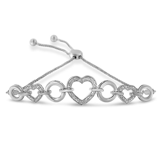 .925 Sterling Silver 1/10 Cttw Round-Cut Diamond Heart-Link Adjustable Bolo