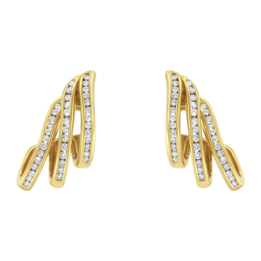 10K Yellow Gold 1.0 Cttw Round Brilliant Cut Diamond Spiral Multi Row Channel Set Open Hoop Pushback Stud Earrings (H-I Color, I1-I2 Clarity)