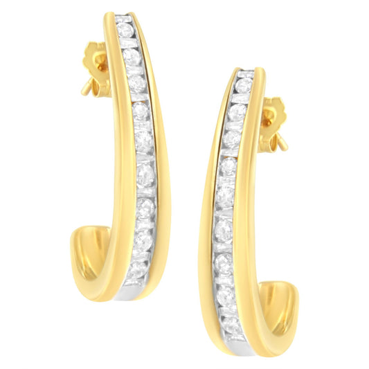 10K Yellow Gold 1 cttw Channel Set Diamond J-Hoop Earrings (H-I Clarity I1-I2