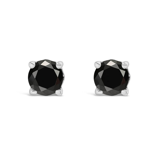 .925 Sterling Silver Black Diamond Solitaire Stud Earrings (Black Color, I2-I3 Clarity)