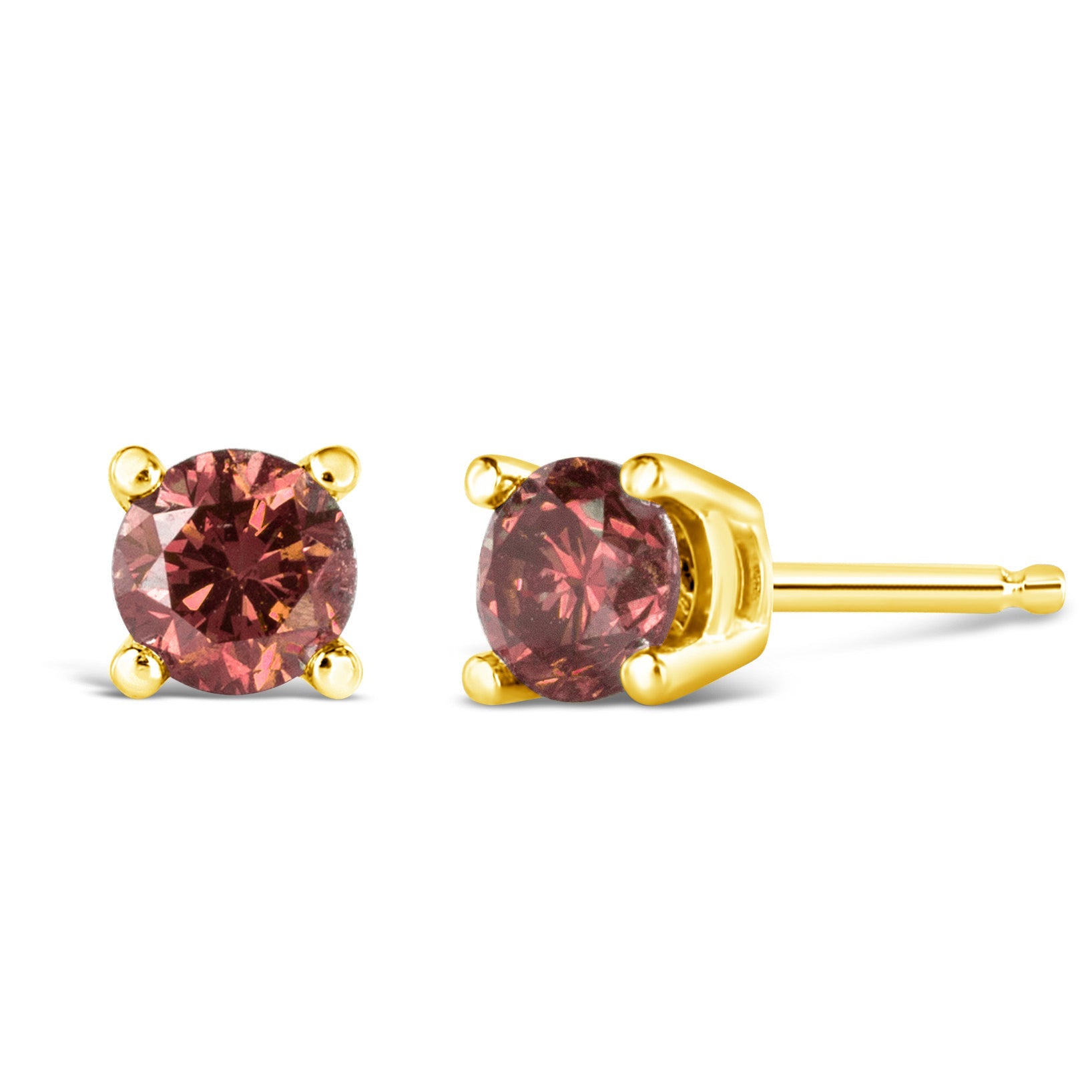 14K Gold 4-Prong Set Round Brilliant-Cut Pink Diamond Solitaire Stud Earrings