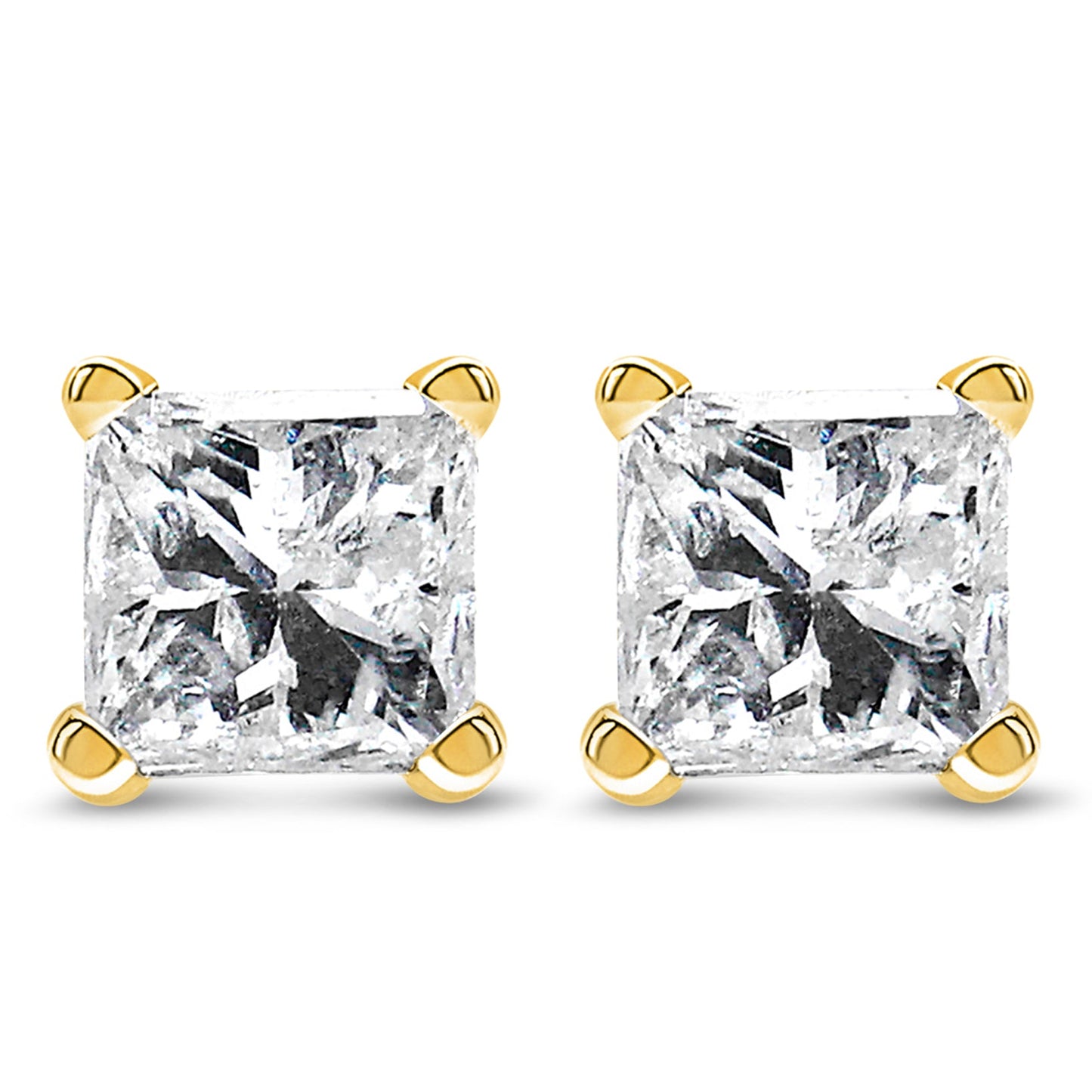 AGS Certified Princess-Cut Square Diamond 4-Prong Solitaire Stud Earrings in 14K Gold (N-O Color, I1-I2 Clarity)