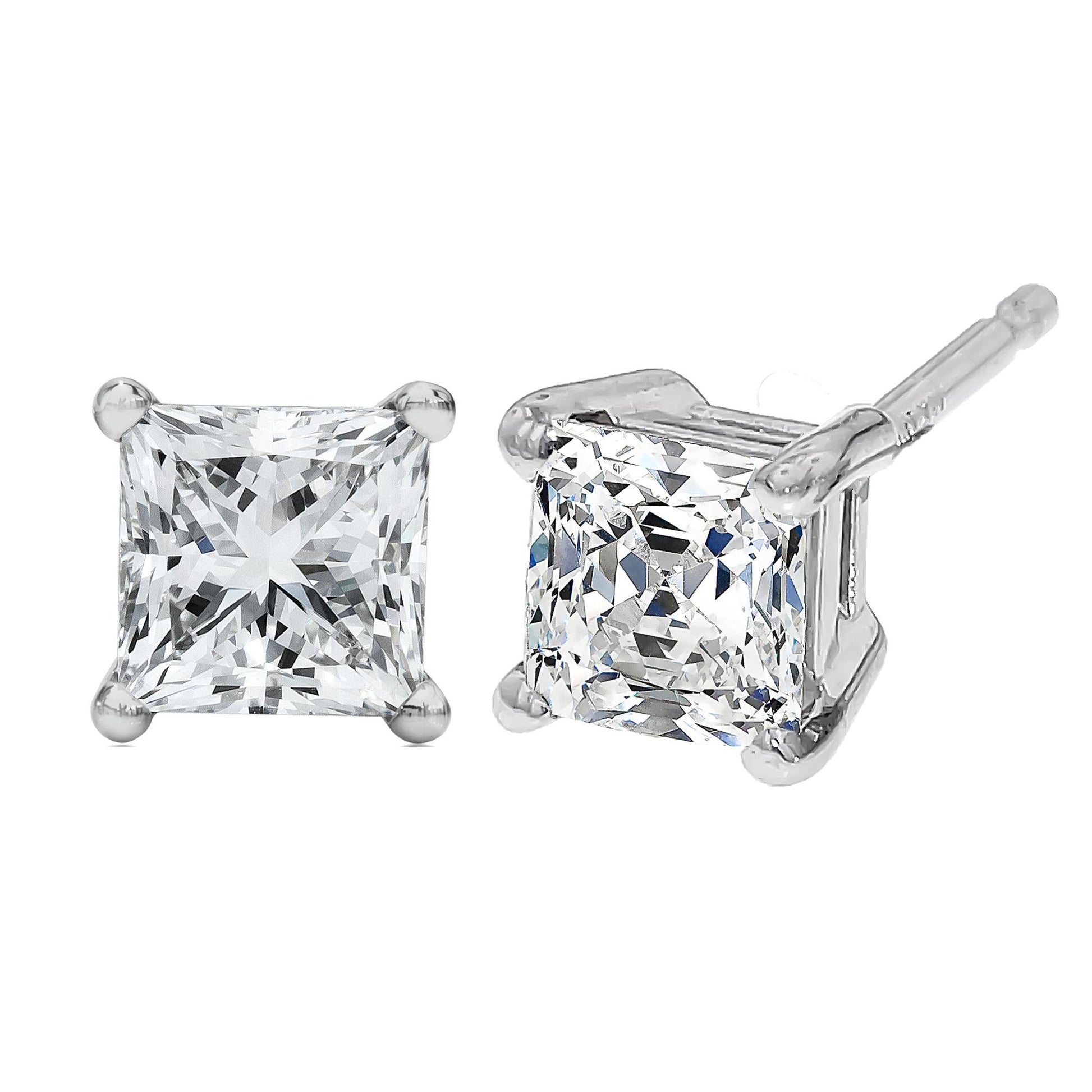 14K White Gold Princess Cut Lab-Grown Diamond Solitaire Stud Earrings (F-G