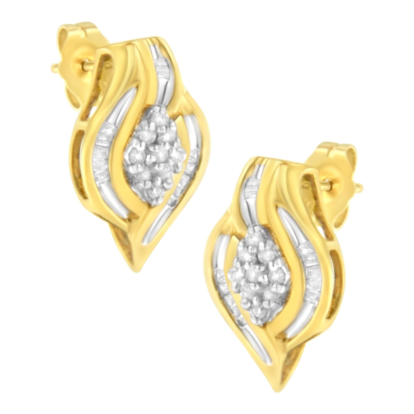 10K Yellow Gold 1/3 cttw Round-Cut Diamond Cluster and Swirl Stud Earrings (J-K