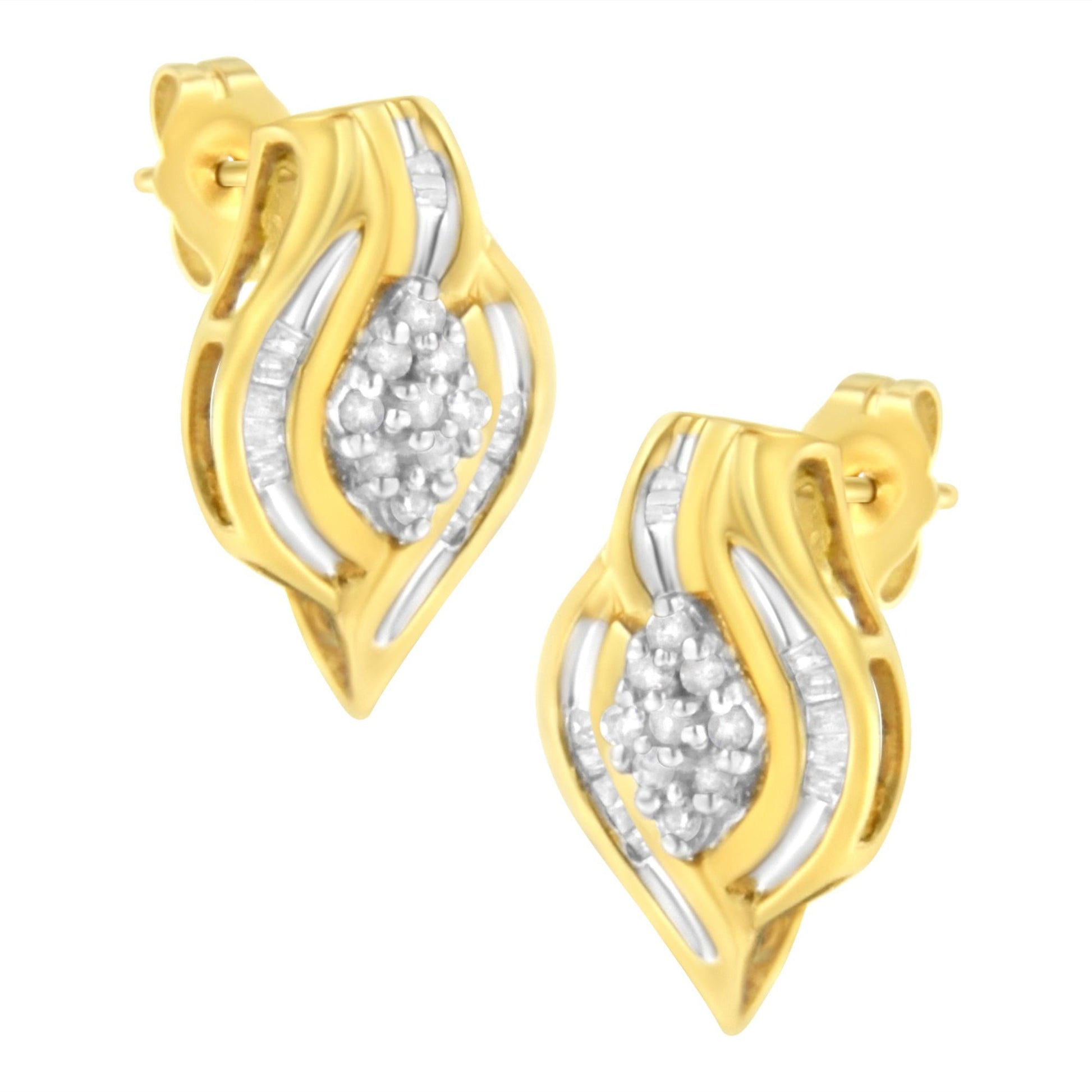 10K Yellow Gold 1/3 cttw Round-Cut Diamond Cluster and Swirl Stud Earrings (J-K