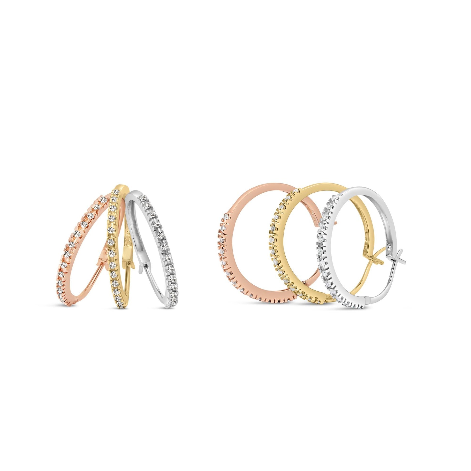 14K Tri-Toned Gold 1/3 Cttw Diamond Triple Hoop Earrings (I-J Color I2-I3