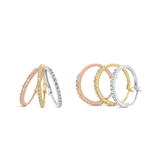 14K Tri-Toned Gold 1/3 Cttw Diamond Triple Hoop Earrings (I-J Color I2-I3