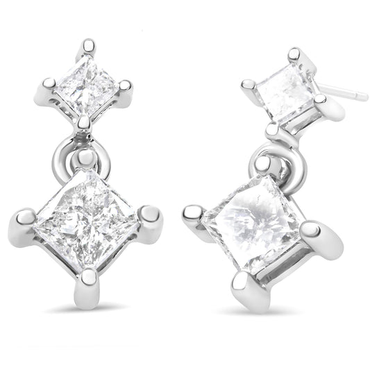 14K White Gold 3/8 Cttw Princess-Cut Diamond Double Dangle 2 Stone Stud Drop