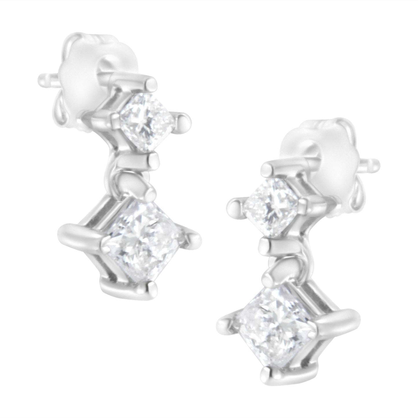 14K White Gold 3/4 cttw Double Diamond Princess-Cut Stud Earrings (I-J Clarity