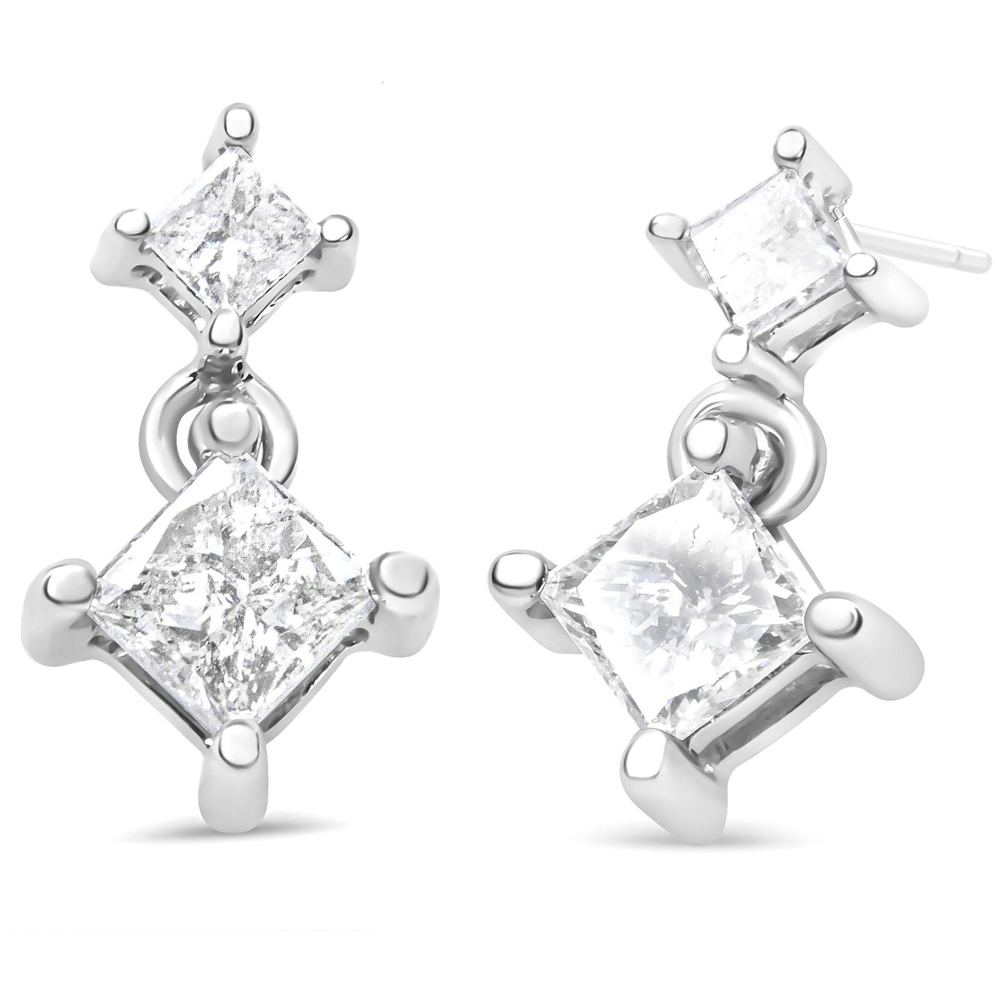 14K White Gold 1.0 Cttw Princess-Cut Double Diamond Drop Stud Earrings