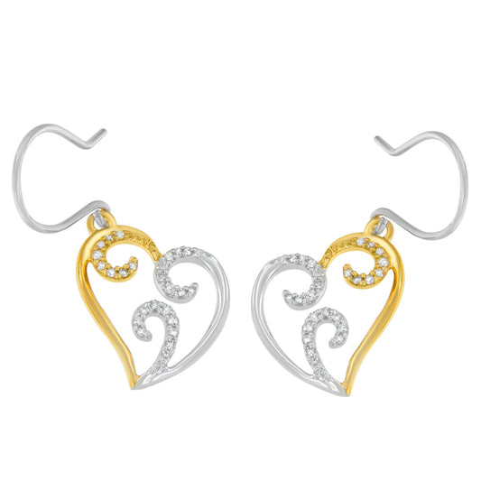 10K Two-tone Gold Round Diamond Heart Dangle Earrings (1/4 cttw I-J Color I2-I3