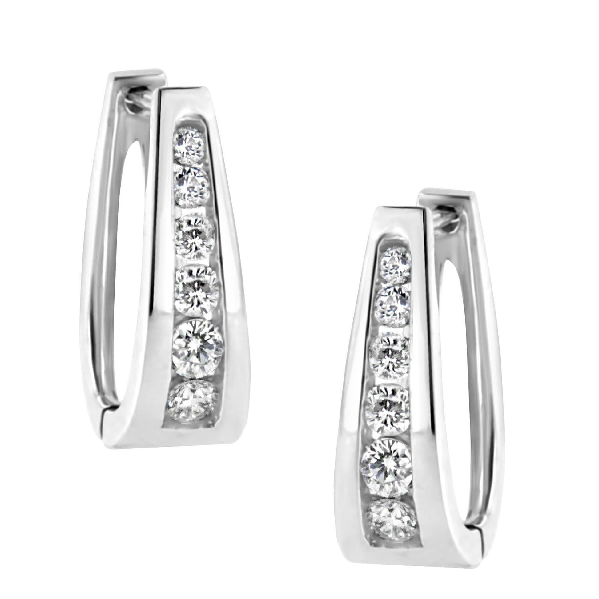 14k White Gold Channel-Set Brilliant Round-Cut Diamond Hoop Earrings (I-J Color